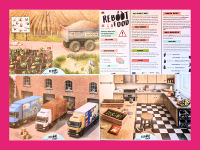 ChatGPT:Vier Illustrationen aus dem Lernspiel Reboot Food. Sie zeigen eine Küche, Felder mit Gemüseanbau, Lastwagen vor einer Fabrik und eine Spielanleitung. Thema sind globale Zusammenhänge von Ernährung, Landwirtschaft und Handel. Pinker Rand umrahmt die Darstellung.