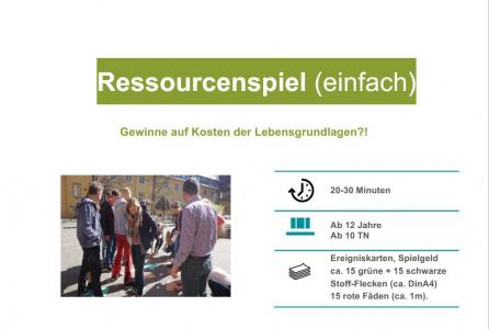 Gezeigt wird die erste Seite des Bildungsmaterials "Ressourcenspiel – Gewinne auf Kosten der Lebensgrundlagen?!". 