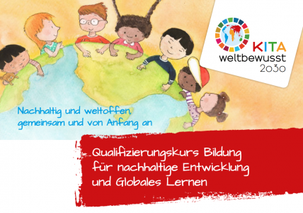 Titelbild KITA.weltbewusst.2030. Kinder umarmen gemeinsam eine Weltkugel. Quelle: KITA.weltbewusst.2030