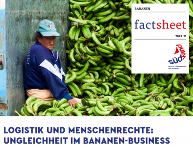 Eine Person steht vor einem hohen Haufen Bananen. Daneben steht "Bananen factsheet".
