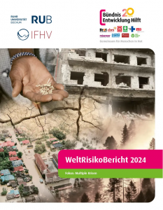 Überschwemmung, Waldbrand, Erdbeben, zerstörte Gebäude, eine Hand mit kaum Essen. Titelseite WeltRisikoBericht 2024. Bildquelle: Bündnis Entwicklung Hilft.