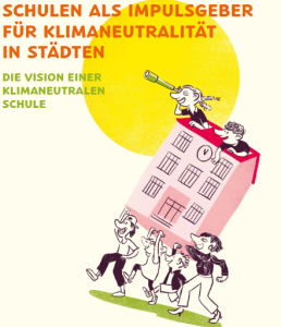 Cover der Handreichung. Zu sehen ist eine Illustration, die vier Schüler*innen zeigt, die das Schulgebäude tragen aus dem zwei weitere SChüler*innen rausschauen.