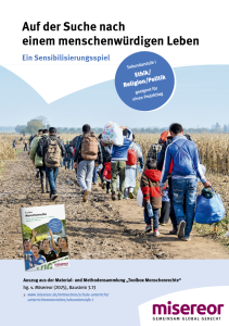 Das Bild zeigt eine Gruppe von Menschen mit Gepäck auf einem Feldweg – Symbol für Flucht und Migration. Oben steht der Titel „Auf der Suche nach einem menschenwürdigen Leben“. Es handelt sich um ein Sensibilisierungsspiel für die Sekundarstufe I aus der Misereor-„Toolbox Menschenrechte“.