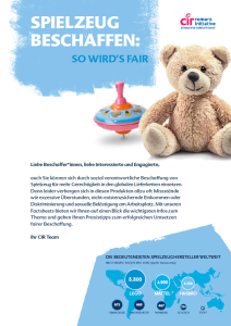 Plakat „Spielzeug beschaffen: So wird’s fair“ der Romero Initiative. Es zeigt einen Teddybär, einen Kreisel und eine Weltkarte mit Umsätzen großer Spielzeughersteller (z. B. Lego, Mattel, Hasbro). Text erklärt Missstände in Lieferketten und gibt Tipps zu fairer Beschaffung.
