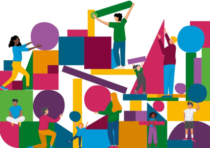 ChatGPT:  Illustration: Menschen unterschiedlichen Alters heben, tragen und stapeln bunte geometrische Formen wie Kreise, Rechtecke und Dreiecke. Gemeinsam bauen sie eine farbenfrohe Struktur, die Zusammenarbeit und gemeinsames Gestalten symbolisiert.