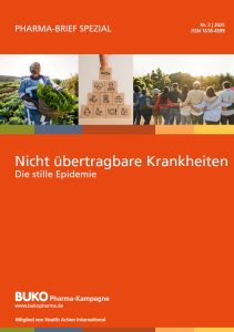 Titelblatt des „Pharma-Brief Spezial“ Nr. 2/2025 der BUKO Pharma-Kampagne. Oben Fotos einer lachenden Frau mit Gemüsekorb, Holzbausteinen mit Symbolen zu Gesundheit und einer Menschengruppe mit Blick ins Grüne. Text: „Nicht übertragbare Krankheiten – Die stille Epidemie“.