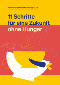 Das Bild zeigt das Cover eines Positionspapiers mit dem Titel „11 Schritte für eine Zukunft ohne Hunger“. Es ist in leuchtenden Farben gehalten, mit einer gelben oberen und einer roten unteren Hälfte. Auf dem Cover ist eine stilisierte Schale mit Nahrungsmitteln wie Karotten, Brot und Bohnen abgebildet.