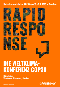 Orangefarbener Hintergrund mit dem Text: „RAPID RESPONSE“ (Buchstaben mit Waldmuster). Darunter: „Die Weltklimakonferenz COP30 – Klimakrise: Verstehen, Einordnen, Handeln“. Oben steht: „Unterrichtsmaterial zur COP30 vom 10.–21.11.2025 in Brasilien“. Unten: Greenpeace-Logo.