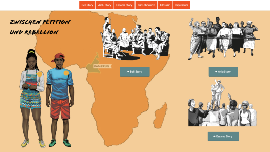Illustration einer Afrikakarte mit Kamerun-Markierung. Drei historische Szenen zeigen Petitionen, Proteste und Aktivismus. Rechts und oben Gruppen in Schwarz-Weiß, links zwei Jugendliche in Farbe. Buttons führen zu „Bell Story“, „Anlu Story“ und „Essama Story“.