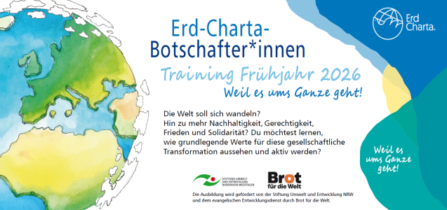Banner zum Training Werde Erd-Charta-Botschafter*in – 2-teiliges Training im Frühjahr 2026. Quelle und Rechte: Erd Charta