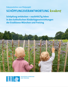 Zwei Kleinkinder stehen vor einem Holzzaun, dahinter eine Blumenwiese, im Hintergrund Wald.