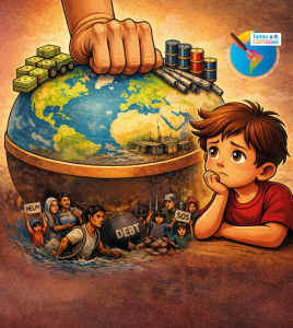 Eine Karrikatur: Ein Junge sieht zu einer Weltkugel, die von einer starken Hand gegriffen wird. Darunter Menschen, die nach Hilfe rufen.