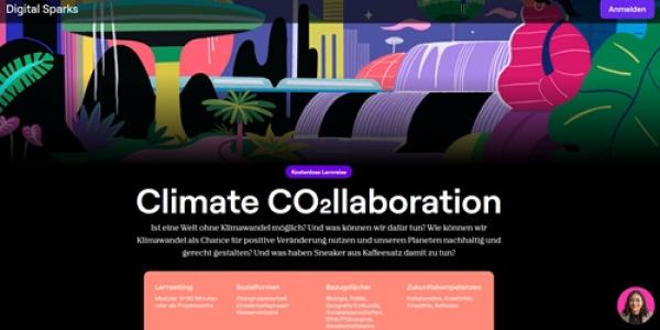 Screenshot einer Webseite mit dem Titel „Climate CO₂llaboration“. Über einer kurzen Beschreibung stehen eine farbenfrohe Illustration einer futuristischen Landschaft sowie mehrere Themenkacheln. Oben links ist der Name „Digital Sparks“, oben rechts die Schaltfläche „Anmelden“ zu sehen.