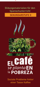 Das Bild zeigt die Silhouette einer dampfenden Tasse Kaffee auf einem Teller und im Hintergrund ein Foto einer Kaffeepflanze.