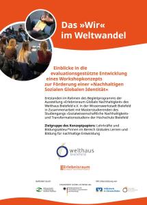 Cover mit orangem Hintergrund und dem Titel „Das »Wir« im Weltwandel“. Kreisfotos zeigen eine Workshop-Szene und eine Notiz. Text beschreibt ein Konzept zur Förderung globaler sozialer Identität. Logos von Welthaus Bielefeld und Förderern am unteren Rand.