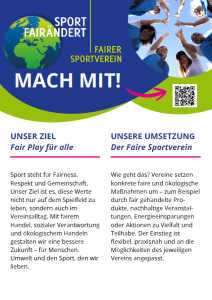 Flyer „Sport Fairändert – Fairer Sportverein": Aufruf „Mach mit!" mit Globus-Illustration und Foto jubelnder Menschen. Darunter zwei Textspalten zu Zielen (Fair Play, Nachhaltigkeit) und Umsetzung (faire Produkte, ökologische Maßnahmen). Mit QR-Code.