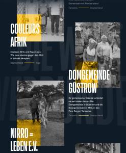 Website-Screenshot mit Partnerschaftsprojekten: Schwarzweiß-Fotos von Gruppen aus Afrika und Deutschland, gelb akzentuiert. Vorgestellt werden „Couleurs Afrik" (Deutschland–Togo), „Domgemeinde Güstrow" (Deutschland–Tansania) und „Nirro = Leben e.V."