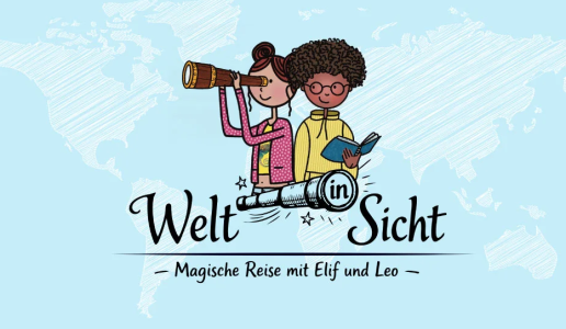 Zwei gezeichente Konder vor einer Weltkarte, Ein Mädchen mit einem Fernglas und ein Junge mit einem Buch. Vor ihnene der Titel des Materials.