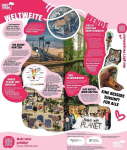 OroVerde-Ausstellungsplakat „Weltweite Wende": Pink-weiße Infografik mit Fotos (Erde, Überschwemmung, Regenwald, Tiere, Demo) zu Klimawandel, Planetaren Grenzen und Handlungsmöglichkeiten.