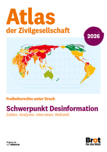 Titelblatt „Atlas der Zivilgesellschaft 2026" (Brot für die Welt): Weltkarte in Ampelfarben, Schwerpunkt „Desinformation – Freiheitsrechte unter Druck. Zahlen. Analysen. Interviews. Weltweit."