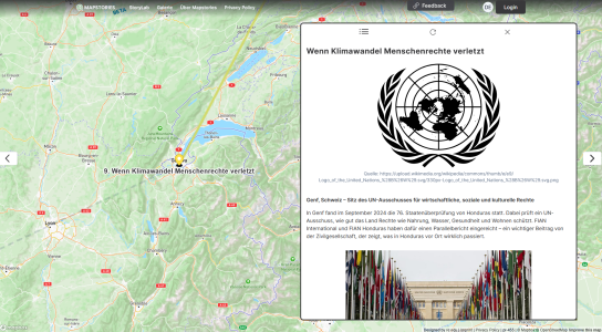 Screenshot der Plattform „Mapstories": Karte der Schweiz mit Infofenster zu „Wenn Klimawandel Menschenrechte verletzt" über Genf, UN-Logo und Foto des UN-Gebäudes mit Flaggen, Bezug zur Staatenüberprüfung von Honduras.