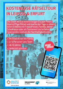 Flyer „Kostenlose Rätseltour in Leipzig & Erfurt" (Engagement Global / BMZ): Stadtführung als Escape Room zu den Nachhaltigkeitszielen, per Handy spielbar, 3–5 Personen ab 16 Jahren, mit QR-Code.