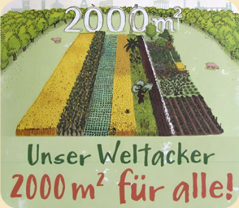 Illustration eines großen, vielfältig bepflanzten Ackers mit verschiedenen Feldfrüchten, umgeben von Bäumen und Wiesen. Darüber steht „2000 m²“, darunter „Unser Weltacker – 2000 m² für alle!“.