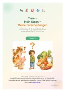 Cover eines Bildungsmaterials mit dem Titel „Tiere – Mein Essen – Meine Entscheidungen“ für die Grundschule. Zu sehen sind verschiedene Tiere, ein Kind sowie Lebensmittel. Das Material behandelt Tiere, Lebensmittel und Verantwortung und richtet sich an die Klassen 2 bis 4.