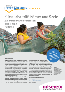 Titelbild der Zeitschrift „Lernen & Handeln“ (Nr. 139, 3/2026) zum Thema „Klimakrise trifft Körper und Seele“. Zwei Frauen arbeiten an einem begrünten Dach. Die Ausgabe thematisiert Klimawandel, Gesundheit und gemeinsames Handeln.