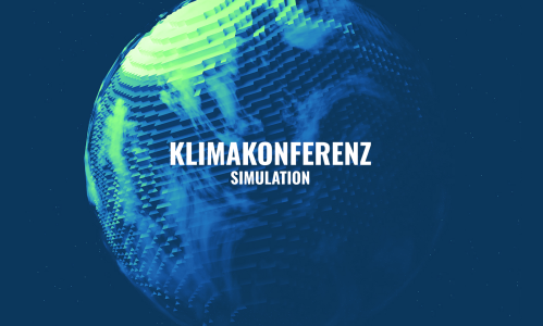 Grafische Darstellung einer blauen Erdkugel mit geometrischen, dreidimensional wirkenden Strukturen und grünen sowie türkisfarbenen Bereichen. In der Mitte steht in weißer Schrift „Klimakonferenz Simulation“. Der Hintergrund ist dunkelblau und mit kleinen Lichtpunkten versehen.