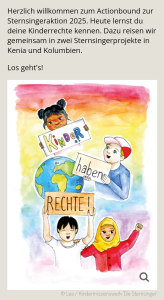 Startbild des Actionbounds mit Begrüßungstext und einem Bild auf dem eine Weltkugel zu sehen ist und 4 Kindern, die Schilder in den Händen halten, mit der Aufschrift: Kinder haben Rechte. Kinder haben Rechte. Bildrechte: Kindermissionswerk 'Die Sternsinger'.  