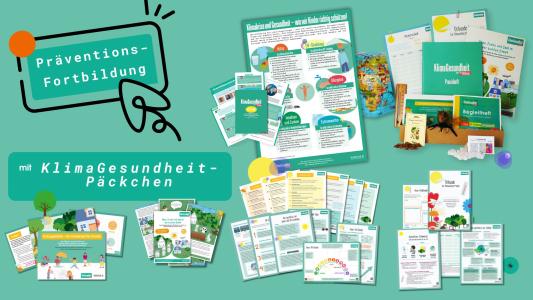 Grafik zur „Präventions-Fortbildung mit KlimaGesundheit-Päckchen“. Abgebildet sind zahlreiche bunte Unterrichtsmaterialien wie Poster, Hefte, Karten und Urkunden. Themen sind u.a. Hitze, UV-Strahlung, Allergene, Insekten und Extremwetter. Hintergrund in Grün mit Illustrationen.