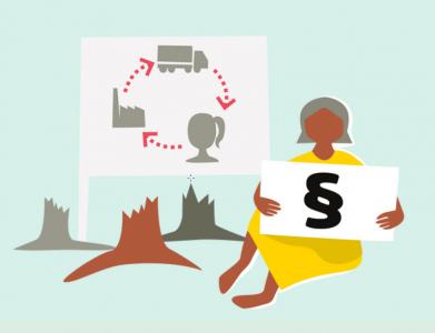 Grafik, rechts eine Frau die ein Schild mit Bild eines Paragrafensymbols hochhält, links abgeschlagene Baumstümpfe.
