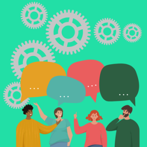 Illustration mit vier stilisierten Personen, die miteinander sprechen. Über ihnen schweben farbige Sprechblasen. Im Hintergrund sind Zahnräder abgebildet, die für Austausch, Zusammenarbeit und gemeinsame Prozesse stehen.