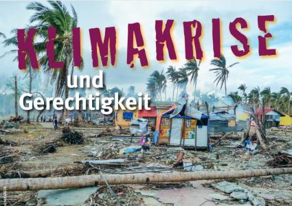 Schrift "Klimakrise und Gerechtigkeit" auf dem Hintergrund von zerstörten Häusern. Ausschnitt der Titelseite Unterrichtsmaterial zum Thema Klimakrise und Gerechtigkeit. Quelle: misereor.de
