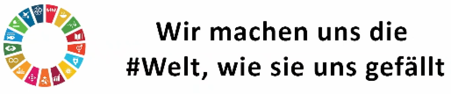 Links der SDG-Kreis, rechts der Titel des Films.