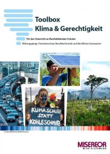 Collage zum Thema Klima mit der Überschrift Toolbox Klima & Gerechtigkeit. Titelseite der Toolbox Klima & Gerechtigkeit. Quelle: misereor.de