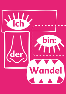Theatertitel "Ich bin: der Wandel" in ein Gesicht geschrieben 