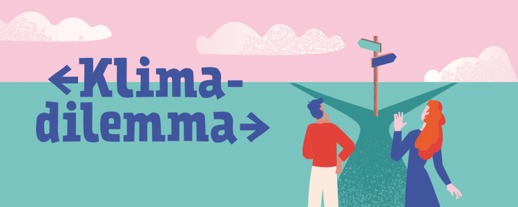 Illustration mit dem Schriftzug „Klima-dilemma“ auf einem zweifarbigen Hintergrund in Hellrosa und Türkis. Zwei Personen stehen vor einem Wegweiser mit verschiedenen Richtungen. Im Hintergrund sind stilisierte Wolken und eine Landschaft zu sehen.