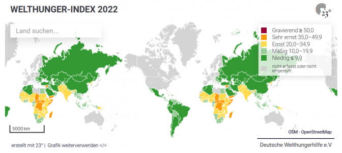 Eine bunte, interaktive Weltkarte. Grafik zum Welthunger-Index 2022. Quelle: welthungerhilfe.de