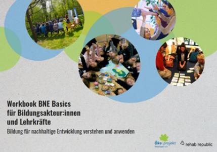 Titelbild des Workbooks. In vier Blasen sind Bilder von Kindern in der Praxis der Bildungsarbeit zu sehen. Quelle: akteursplattform bne 