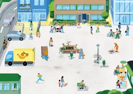 Illustration eines belebten Stadtplatzes: Vor einer Schule, Apotheke und einem Supermarkt bewegen sich viele Menschen. Kinder spielen, Erwachsene gehen, fahren Fahrrad oder Rollstuhl. Es gibt Autos, Lieferwagen, Bänke, Bäume und viel Alltag in Bewegung.