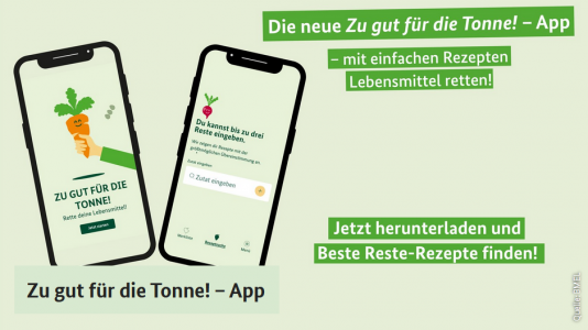 Titelbild Zu gut für die Tonne! – App. Zwei Smartphone-Bildschirme mit Gemüse-Illustrationen. Quelle: zugutfuerdietonne.de