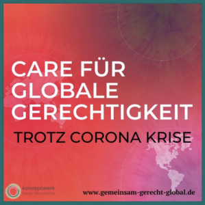 Roter Hintergrund mit Schriftzug „Care für Globale Gerechtigkeit trotz Corona Krise“