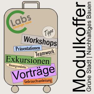 Grafik mit Koffer und Text-Inhalten wie z.B. Vorträge, Workshops, Exkursionen, Teamwork, Tipps, Gebrauchsanleitung
