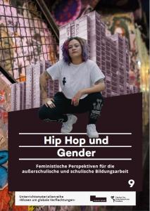 Zu sehen ist das Cover der Mappe 9. Darauf ist eine Frau in der Hocke, hinter ihr Plattenbauten. Darunter steht der Titel der Mappe 9: Hip Hop und Gender.