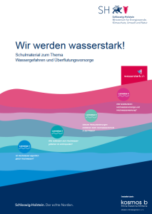 Titelseite eines Schulmaterials aus Schleswig-Holstein zu Wassergefahren und Überflutungsvorsorge. Großtitel „Wir werden wasserstark!“. Grafisch dargestellte Wasserwellen in Blau- und Rosatönen zeigen vier Lernfelder von Hochwasser-Grundlagen bis Vorsorge und Warnung. Logos von Land und Projekt sichtbar.