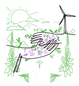 In der Mitte des Bildes greifen zwei Hände in einander. Auf den Händen sind Symbole zu sehen. Unter anderem Werkzeuge. Oben rechts ist ein Windrad zu sehen. Viele Pflanzen und eine Sonne (alles in Grün) sind überall auf dem Bild verteilt.