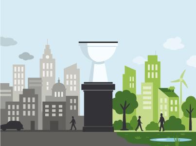 Zeichnung: eine Toilette steht mittig als Statue in einem Stadtbild, die linke Stadtsilouette ist grau, die rechte grün gefärbt. 