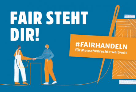Zeichnung übergroße Nähnadel und zwei Menschen, die sich die Hand reichen. Logo Faire Woche 2022 zum Thema "Fair steht dir – #fairhandeln für Menschenrechte weltweit“.  Quelle: www.faire-woche.de